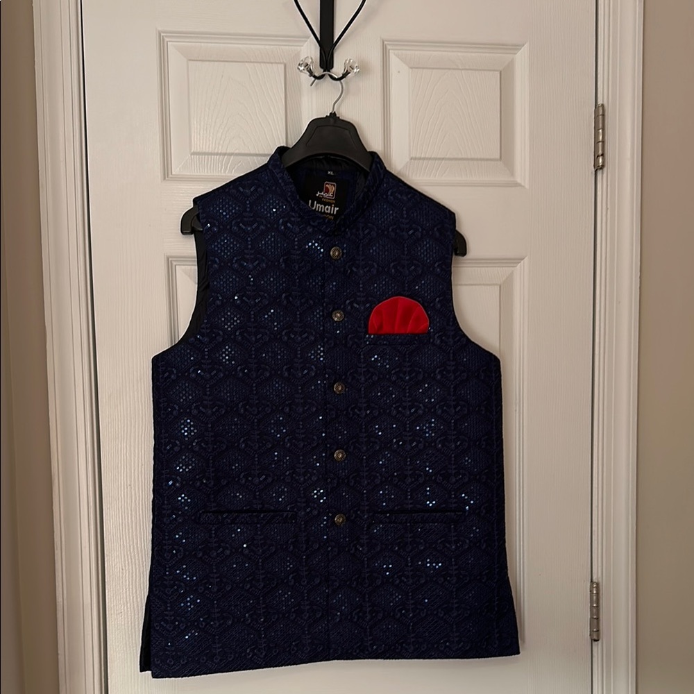 Imari Navy Blue Vest with Red Pocket Square